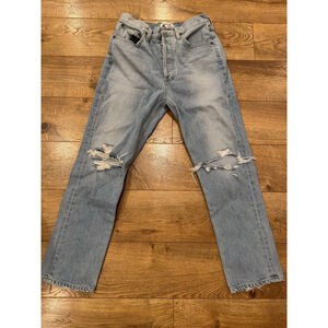 Women's AGOLDE Light Blue Distressed Riley High Rise Straight Crop Jeans 26